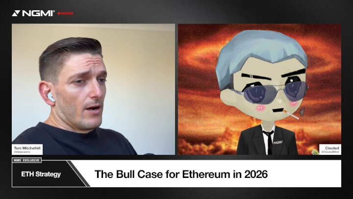 The image shows a man wearing sunglasses sitting at a computer desk, while another man dressed as an animated character appears behind him. The screen displays text related to "The Bull Case for Etherium in 2026", possibly referring to a strategy or investment idea involving cryptocurrency.