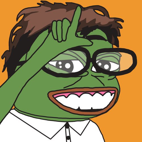 A cartoon illustration of a green-skinned Pepe the Frog character wearing glasses and a white shirt, making a hand gesture against an orange background.