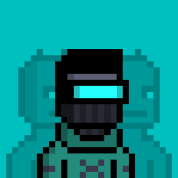 A pixel art image shows a figure wearing a teal hazmat suit and a black respirator mask with a bright cyan visor against a teal background.
