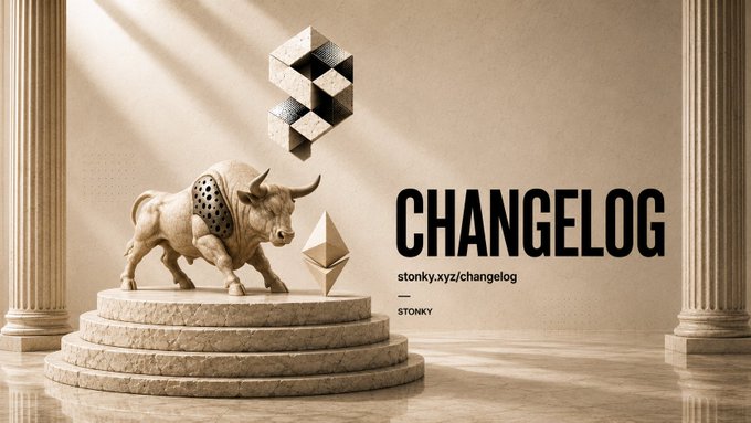 A classical stone statue of a bull stands on a tiered pedestal alongside a geometric Ethereum logo and abstract cube, with text reading "CHANGELOG, stonky.xyz/changelog, STONKY" promoting the new public changelog page that will track all platform updates, fixes, and integrations.