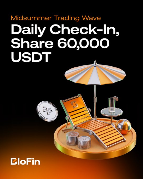 This promotional graphic for BloFin's "Midsummer Trading Wave" campaign features a 3D-illustrated beach scene with an orange-and-white striped umbrella, lounge chair, cocktail, beach ball, and stacks of coins on a golden platform, reinforcing the summer theme. Bold text announces "Daily Check-In, Share 60,000 USDT," highlighting the event's key reward pool of 60,000 USDT in trading prizes, including the 570 USDT daily check-in bonus mentioned in the accompanying post.