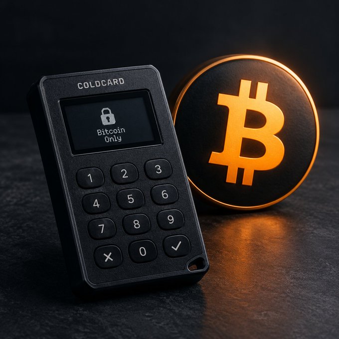 A product photo showing a black COLDCARD hardware wallet with a numeric keypad and screen displaying 'Bitcoin Only', placed next to a glowing golden Bitcoin coin.