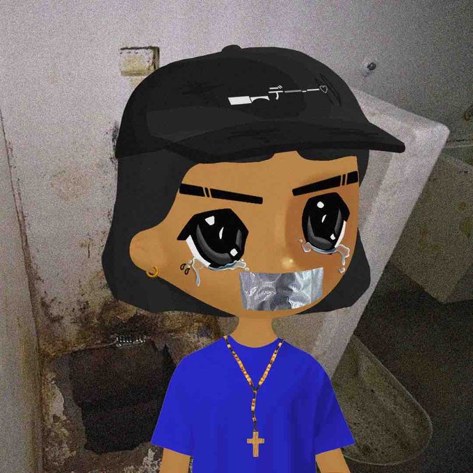 A cartoon-style animated avatar of a character with black hair, a black cap, large tearful eyes, and duct tape over their mouth, wearing a blue shirt and cross necklace, set against a grimy bathroom background.