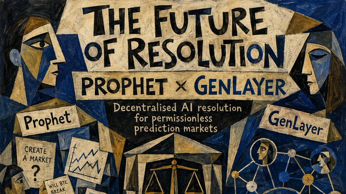 A cubist-style promotional graphic titled "THE FUTURE OF RESOLUTION" highlights the partnership between "PROPHET × GENLAYER," featuring stylized faces, a balance scale, and symbols representing decentralized prediction markets. It visually reinforces the post's message about replacing centralized resolution with decentralized AI for permissionless prediction markets, noting a call to "CREATE A MARKET" alongside illustrations of charts and network connections.