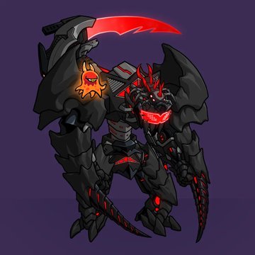 A digital illustration of a menacing black and red armored dragon or demonic mech character holding a large red scythe-blade weapon.