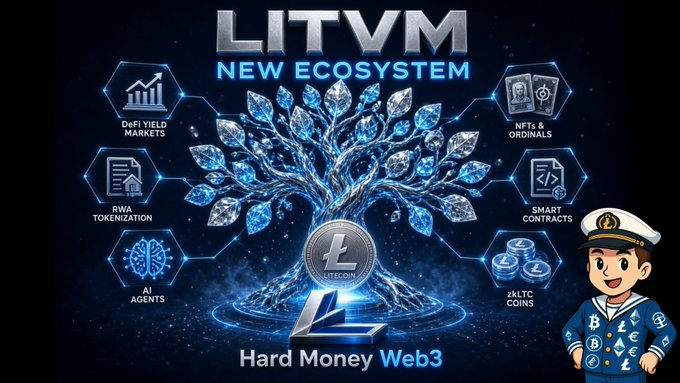 A promotional graphic for 'LITVM NEW ECOSYSTEM' featuring a crystal tree with a Litecoin 'L' coin at the center, surrounded by ecosystem nodes including DeFi/Yield Markets, NFTs & Originals, RWA Tokenization, Smart Contracts, AI Agents, and >%LTC Coins, tagged 'Hard Money Web3' with a sailor cartoon character.