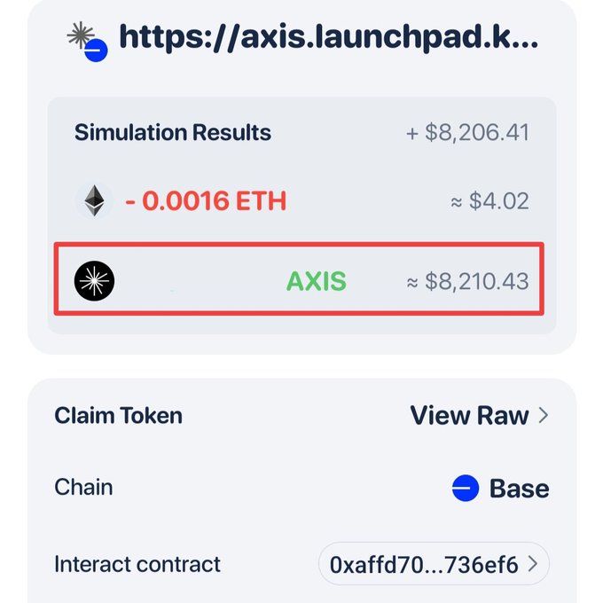Screenshot of a crypto transaction showing a claimed AXIS reward valued at approximately $8,210.43, alongside “Simulation Results,” “-0.0016 ETH (≈ $4.02),” and “Claim Token” details for the Base chain. It supports the post’s claim of receiving about $8,200 in AXIS rewards from the Kaito campaign.