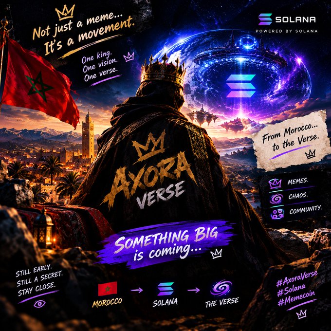A vibrant promotional poster for 'AXORA VERSE' featuring a cloaked crowned king overlooking a cityscape with a Moroccan flag, promoting a 'MOROCCO → SOLANA → THE VERSE' movement with hashtags #AxoraVerse, #Solana, and #Memecoin.