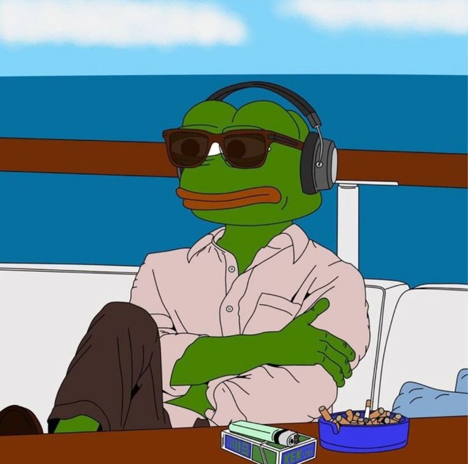An illustrated character of a green frog (Pepe) wearing sunglasses and headphones, dressed in a pink button-up shirt, sitting relaxed with a pack of "Marlboro" cigarettes and an ashtray on the table.