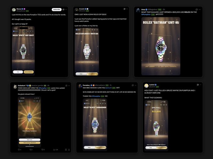 Six social media posts from the 'Rolex' community on what appears to be a trading card platform, highlighting high-value Rolexes like the 'GMT-BATT' ($100,000), 'EXPLORER' ($49,705), 'BLESD' ($300,000), 'SUBMARINER' ($24,168), 'SILVER SUBMARINER' ($39,290), and an Epic Pull valued at $23,850.