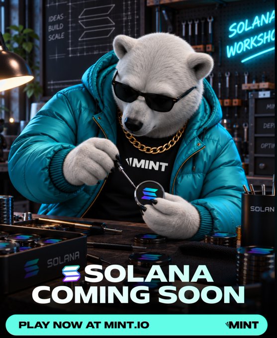 Promotional image featuring a polar bear mascot wearing sunglasses, a blue jacket, and a gold chain, working on a Solana-themed project with text 'SOLANA COMING SOON' and 'PLAY NOW AT MINT.IO'.