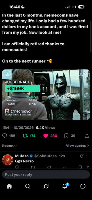 A social media post claims memecoins changed the author's life, showing a screenshot of a JUGGERNAUT token portfolio by @necroyor with a PNL of +$169K and +80.23%, resulting in retirement.