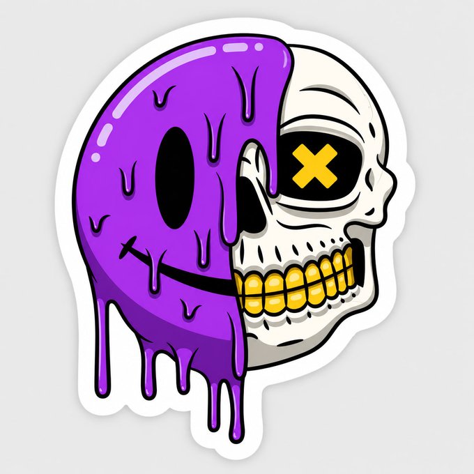 A cartoon-style sticker illustration of a skull half-covered in dripping purple paint, featuring gold teeth, a stitched smile, and an 'X' in its right eye socket.