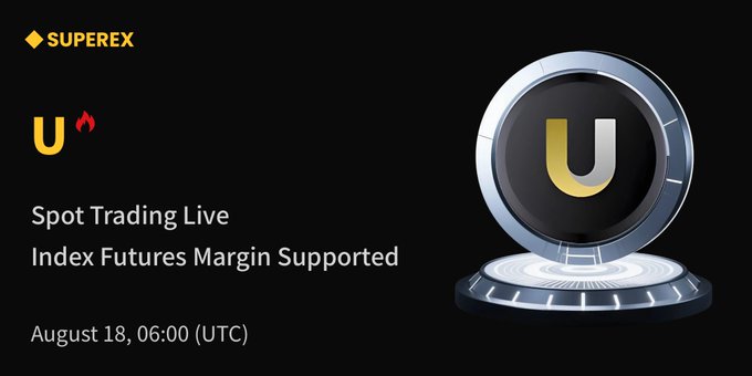 A promotional graphic for Superex announcing Spot Trading Live and Index Futures Margin Supported on August 18, 06:00 (UTC), featuring a gold and silver U-shaped token on a futuristic stand.