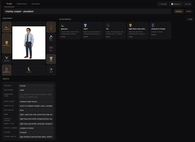 A character profile editor for 'charley cooper - president' showing a cartoon man with glasses and a tie, along with detailed traits, equipment, and accessories configuration options.