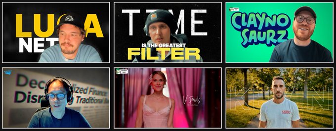 A collage of six YouTube video thumbnails featuring various content creators, including ones labeled 'LUNA NETWORK', 'TIME IS THE GREATEST FILTER', 'CLAYNO SAURZ', 'Decentralized Finance Disrupting Traditions', a woman in pink labeled 'Kruy', and a creator in a park.