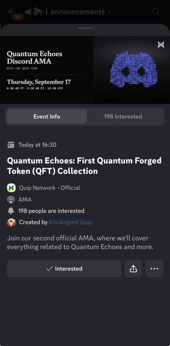 A Discord announcement for 'Quantum Echoes: First Quantum Forged Token (QFT) Collection' AMA event hosted by Quip Network on September 17.