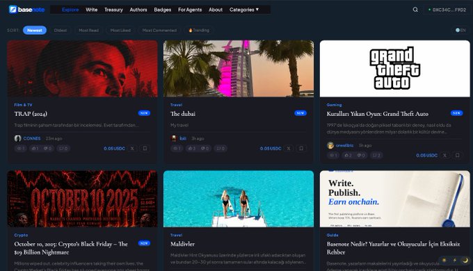 The Base Web news feed displays various articles including headlines about TRAP (505), The dubai, Grand Theft Auto, October 19 2025, and Maldiver.