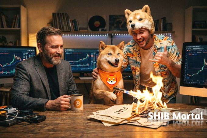 Two men sit at a desk with cryptocurrency charts on monitors; one wears a Shiba Inu hat and lights papers on fire while the other holds a Bitcoin mug, with text reading 'SHIB Mortal'.
