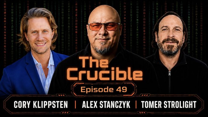 Promotional graphic for 'The Crucible Episode 49' featuring headshots of Cory Klippsten, Alex Stanczyk, and Tomer Strolight against a digital code background.