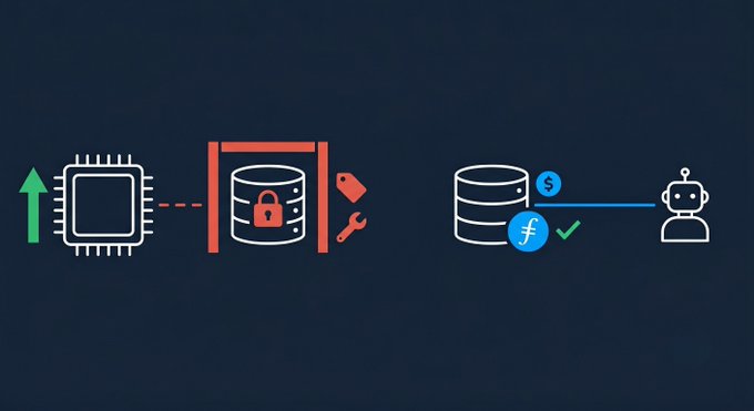 The image shows three different types of storage devices - a box with a lock (red), a computer (white), and an open server (blue). A robot is present beside each device, suggesting that these devices are used by agents or robots for their tasks. The image seems unrelated to the provided post about AWS commitment buying data for AI agents, but it could be a visual representation or comparison of different storage solutions for various purposes.