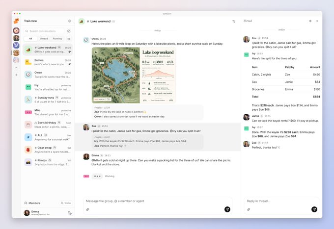 A screenshot of a chat application interface showing a 'Lake weekend' conversation thread with a poll for splitting costs.