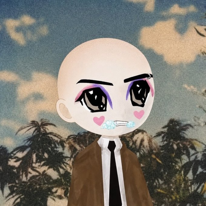 An anime-style drawing of a bald character with large purple-shadowed eyes, pink heart cheeks, crying, and wearing a brown suit with a black tie, set against a cloudy sky and palm trees.