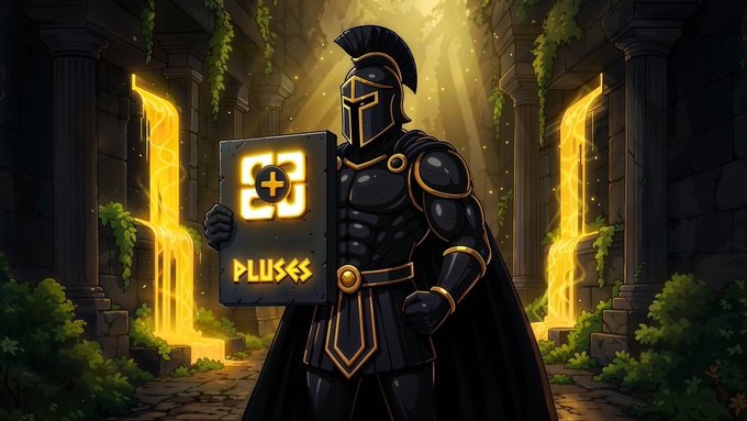 An illustration of a black-armored warrior holding a shield labeled 'PLUSS' in a temple setting with golden light streams.