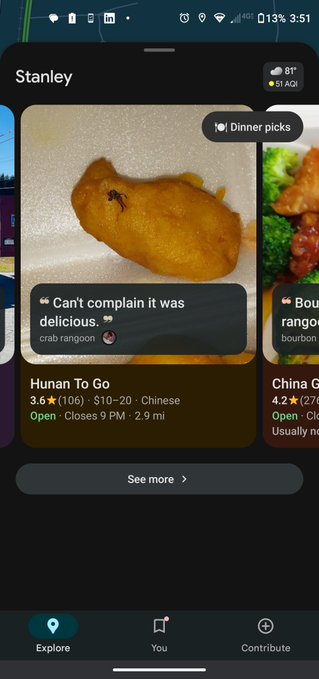 The image features a cell phone screen with an app open that displays information about a restaurant menu. The app allows users to view pictures of food items and read descriptions or reviews from other customers, as well as make orders directly through the app. There is also a map displayed on the screen, which can be helpful for finding the location of the restaurant.