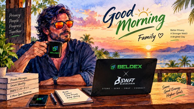 A illustrated promotional image showing a man drinking from a Beldex mug by a tropical sunset, promoting "Good Morning Family" with Beldex x SWAF Blockchain collaboration text visible.