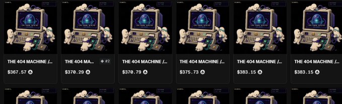 A grid of NFT listings titled 'THE 404 MACHINE', featuring pixel art of a retro computer terminal, priced around $367 to $383.