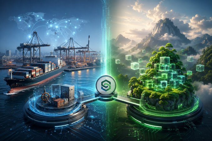 Futuristic split-scene illustration contrasting an industrial port with shipping containers on the left and a green, nature-filled blockchain landscape on the right.
