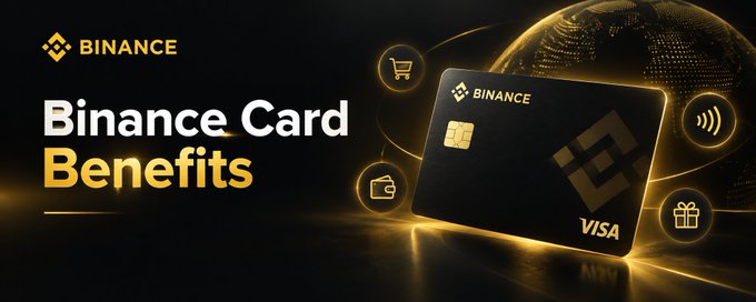 The image is a promotional banner for "Binance Card Benefits," featuring the Binance logo and a black Visa-branded Binance Card alongside icons representing shopping, contactless payments, a wallet, and gift rewards, visually reinforcing the post's message about making crypto practical for everyday spending within the Binance ecosystem.