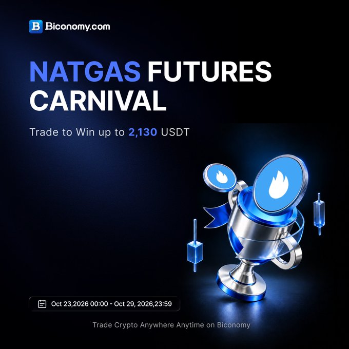 Biconomy.com advertisement for “NATGAS FUTURES CARNIVAL,” with the text “Trade to Win up to 2,130 USDT,” dated Oct 23, 2026 00:00 - Oct 29, 2026 23:59.