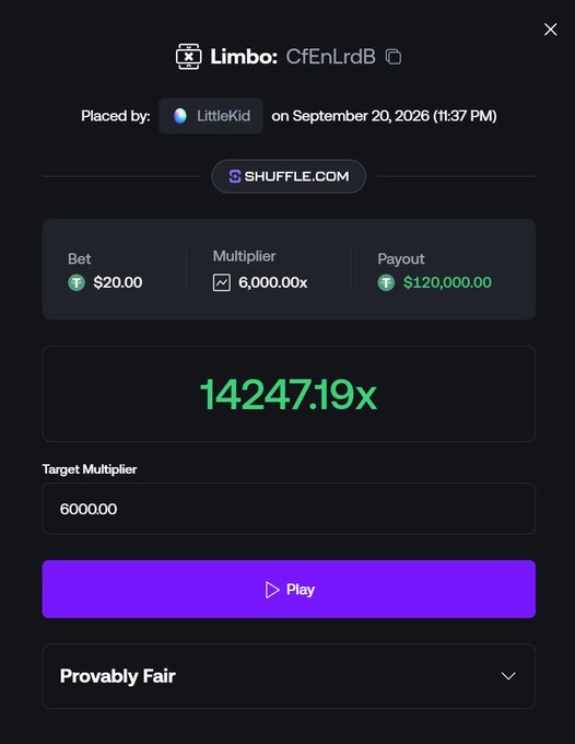 A Shuffle.com Limbo game screenshot shows a $20.00 bet that hit a 14,247.19x multiplier (failing to reach the 60,000x target) for a $120,000.00 payout, placed by LittleKid on September 20, 2026, with the caption celebrating the win as equal to the cost of a 2-week vacation.