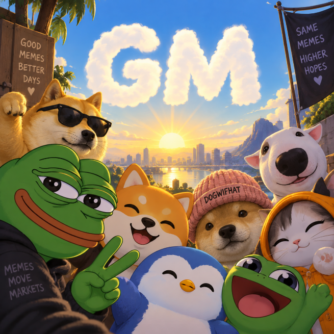 A group of cheerful meme characters (Doge, Pepe, Shiba Inu, and friends) gather at sunrise over a cityscape, with "GM" spelled out in clouds above them. Banners reading "GOOD MEMES BETTER DAYS," "SAME MEMES HIGHER HOPES," "MEMES MOVE MARKETS," and a beanie labeled "DOGWIFHAT" appear throughout, perfectly matching the "GM memecoiners" greeting.