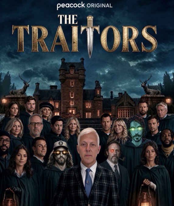A promotional poster for the Peacock original series 'The Traitors' shows a large cast of contestants in dark cloaks standing before a Scottish castle, with the show's host Alan Cumming featured prominently in a tartan suit at the center.