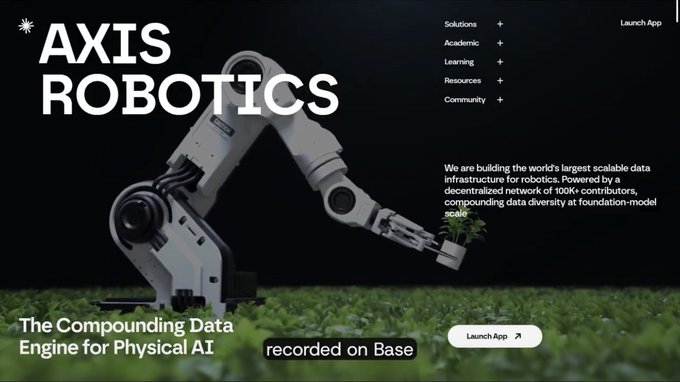 The Axis Robotics website homepage featuring a robotic arm in a field of green plants, promoting 'The Compounding Data Engine for Physical AI' with a 'Launch App' button.