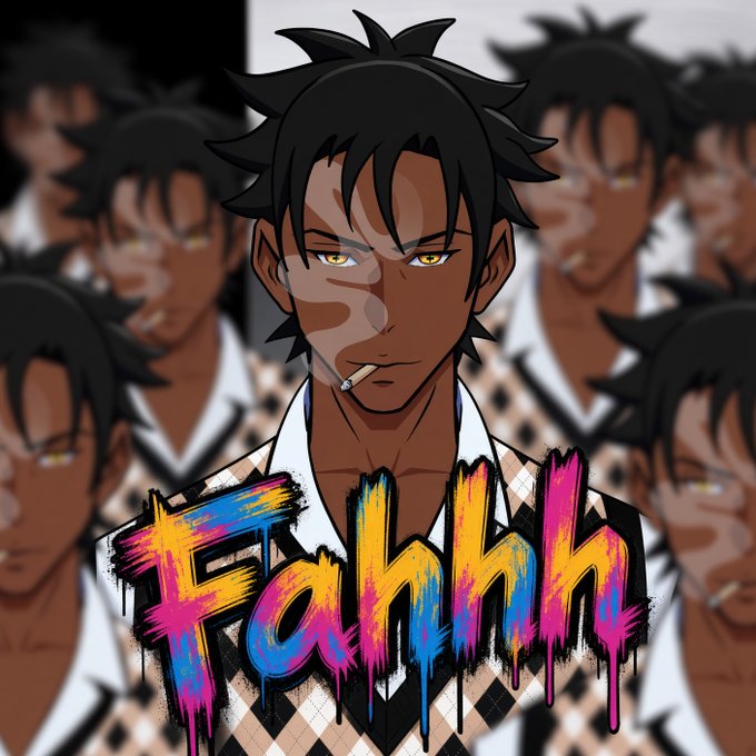 A digital artwork displays a dark-skinned male character smoking a cigarette, wearing an argyle sweater vest, with the word 'Fahhh' written in colorful, dripping graffiti-style letters across his chest.
