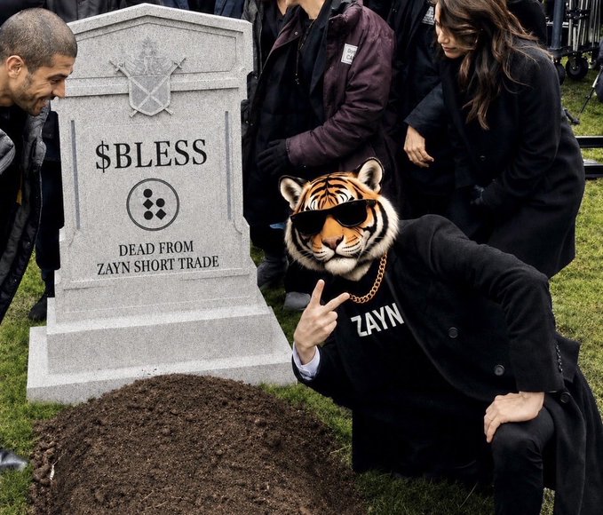 A person wearing a tiger mask and a "ZAYN" shirt poses in front of a tombstone engraved with "$BLESS - DEAD FROM ZAYN SHORT TRADE," visually portraying the Insider Trader Zayn's decisive short position that delivered a 700% return within 24 hours.