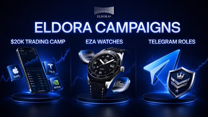 Promotional banner for 'ELDORA CAMPAIGNS' featuring three offers: '$20K TRADING CAMP' with AAPL, TSLA, and NVDA tickers, 'EZA WATCHES' displaying a luxury watch, and 'TELEGRAM ROLES' with a Telegram logo and shield.