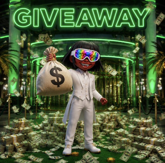 A stylized 3D character in a white suit and rainbow sunglasses triumphantly holds up a money bag emblazoned with a "$" symbol, standing amid piles and falling stacks of cash beneath a glowing green neon "GIVEAWAY" sign. The image visually promotes the $20 SOL giveaway contest, encouraging viewers to follow @hellerincrypto and engage with the post to win.