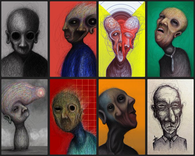 A grid of eight grotesque, alien-like humanoid portraits with elongated heads, large dark eyes, and unsettling features, rendered in various artistic styles against bold colored backgrounds.