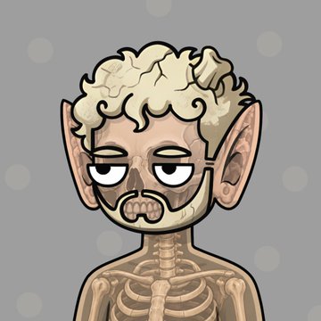A cartoon illustration depicts a skeletal character with large pointed ears, curly blonde hair, and a beard against a polka-dot background.
