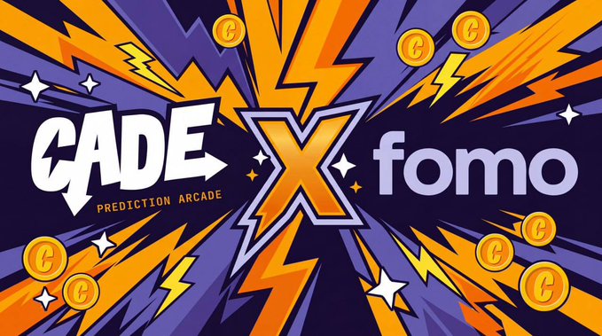 A vibrant promotional graphic featuring the text "CADE PREDICTION ARCADE X fomo" surrounded by dynamic lightning bolts, coins, and star bursts on a purple and orange background, announcing that updates from @CadeMarket are now live on the Fomo platform for news and trading in one place.