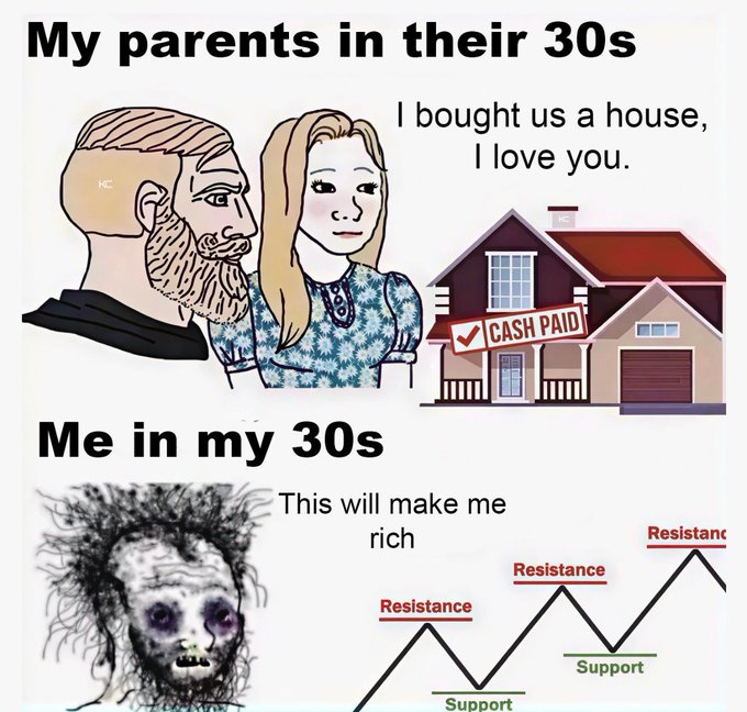 A meme contrasting 'My parents in their 30s' (buying a house in cash) with 'Me in my 30s' (looking disheveled and trading crypto based on support and resistance lines).