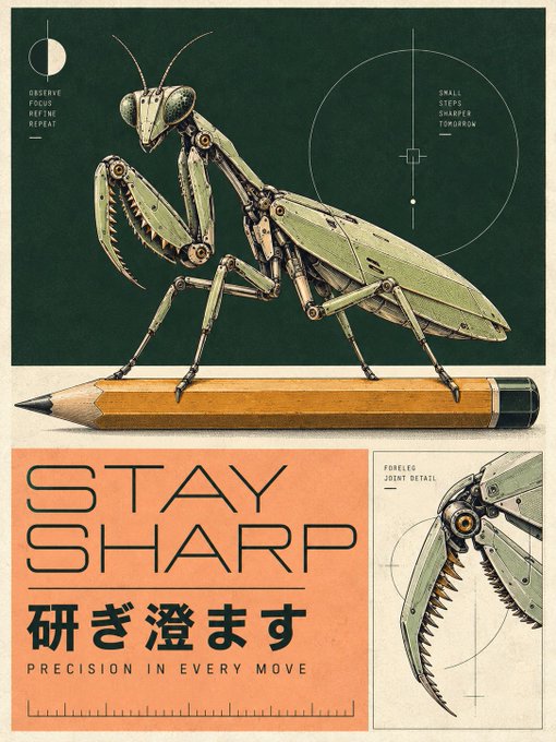 A vintage-style poster featuring a mechanical praying mantis perched atop a yellow pencil, with text reading "STAY SHARP," Japanese characters 研ぎ澄ます, "PRECISION IN EVERY MOVE," "SMALL STEPS SHARPER TOMORROW," "OBSERVE FOCUS REFINE REPEAT," and "FORELEG JOINT DETAIL," humorously fitting the post's cocky claim about being an elite stock picker by visually equating the trader's predatory market instincts to a mantis's razor-sharp precision.