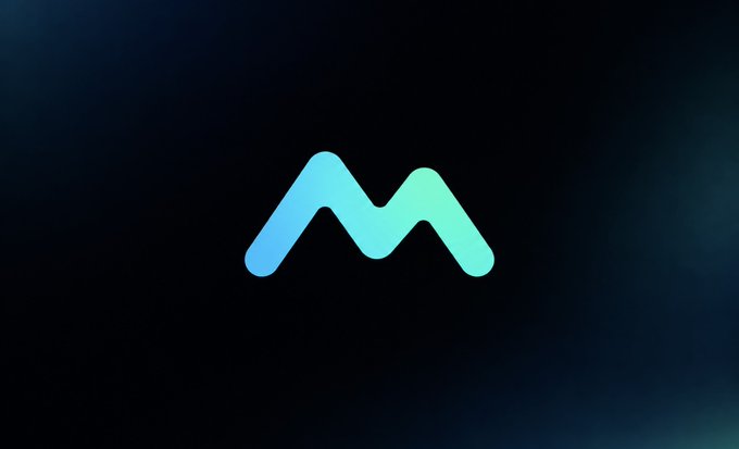 A minimalist logo featuring a stylized 'M' shape in a teal-to-blue gradient on a dark background.