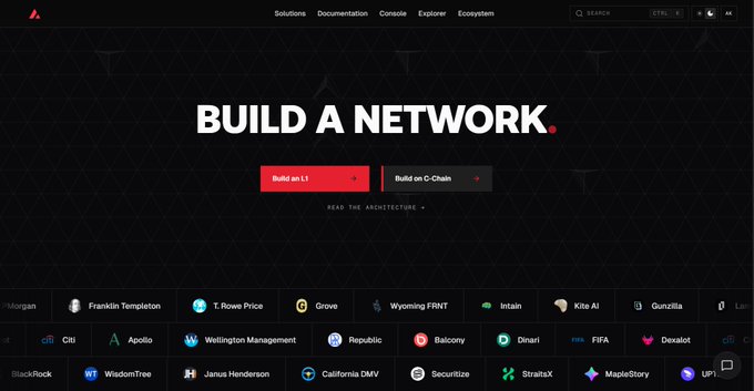 Avalanche (AVAX) website hero section reading 'BUILD A NETWORK.' with options to 'Build an L1' or 'Build on C-Chain', featuring logos of partners including Franklin Templeton, T. Rowe Price, Citi, Apollo, Wellington Management, Republic, Balcony, Dinari, FIFA, Dexalot, Janus Henderson, California DMV, Securitize, StraitsX, and MapleStory.