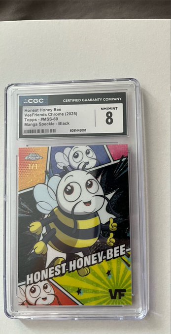 A CGC-graded trading card featuring the character Honest Honey Bee, labeled 'Honest Honey Bee Veefriends Chrome (2025) Topps #MSBS-69 Manga Speckle - Black' with a grade of NM/MINT 8.